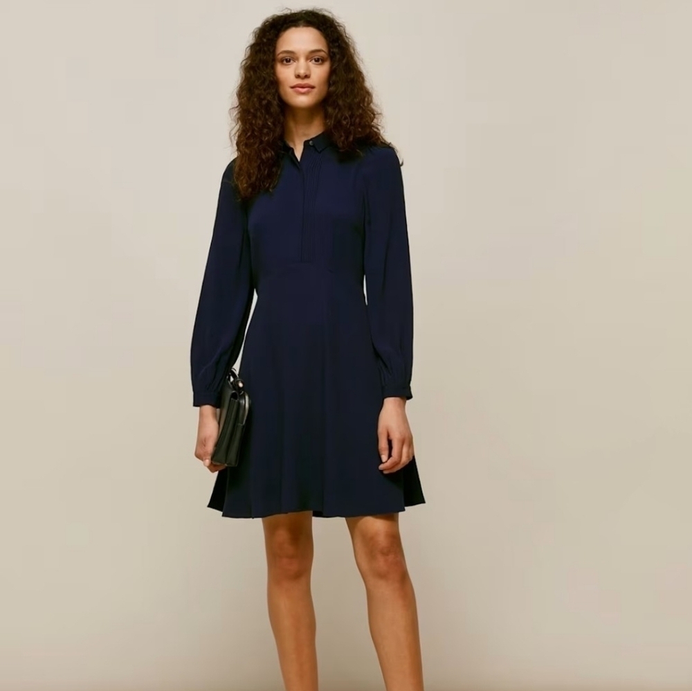 Whistles Pintuck Shirt Dress Navy US 8 Midi Cotton Workwear Quiet Luxury